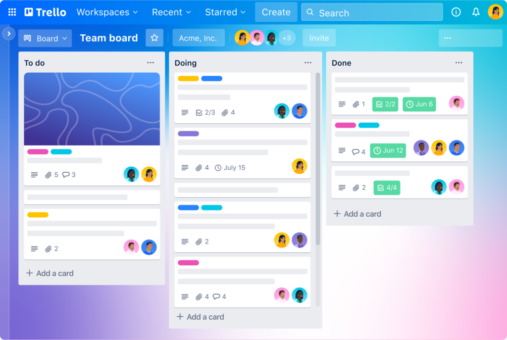 Trello digital tool workspace and boards view 