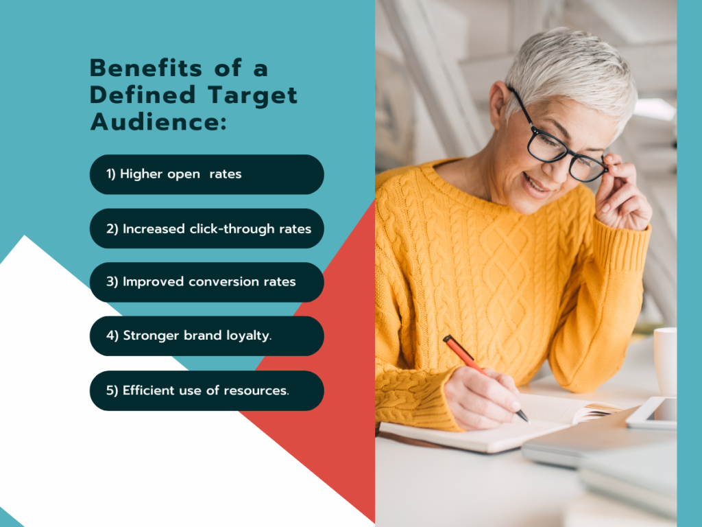 list of benefits of a defined target audience with a mature aged woman writing notes in a journal